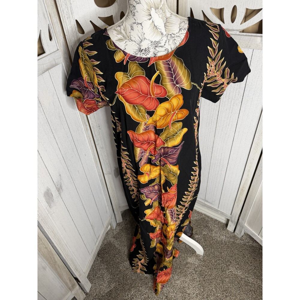 VTG Hawaiian Reserve Collection Black Pink Tropical Floral Maxi Dress Medium